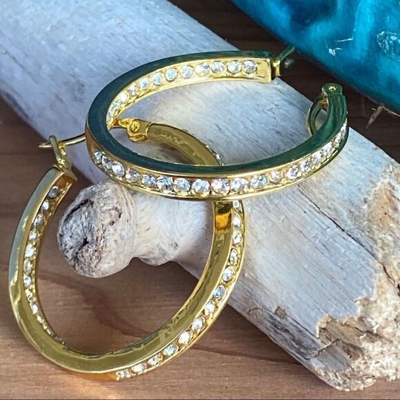 Channel Set Swarovski Crystals Statement Gold Hoop Earrings - Picture 1 of 9